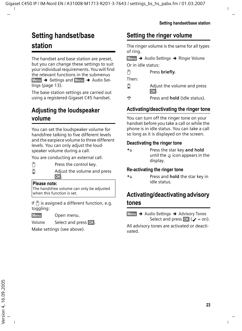 Setting handset/base station, Adjusting the loudspeaker volume, Setting the ringer volume | Activating/deactivating the ringer tone, Activating/deactivating advisory tones | Siemens C450 IP User Manual | Page 24 / 39