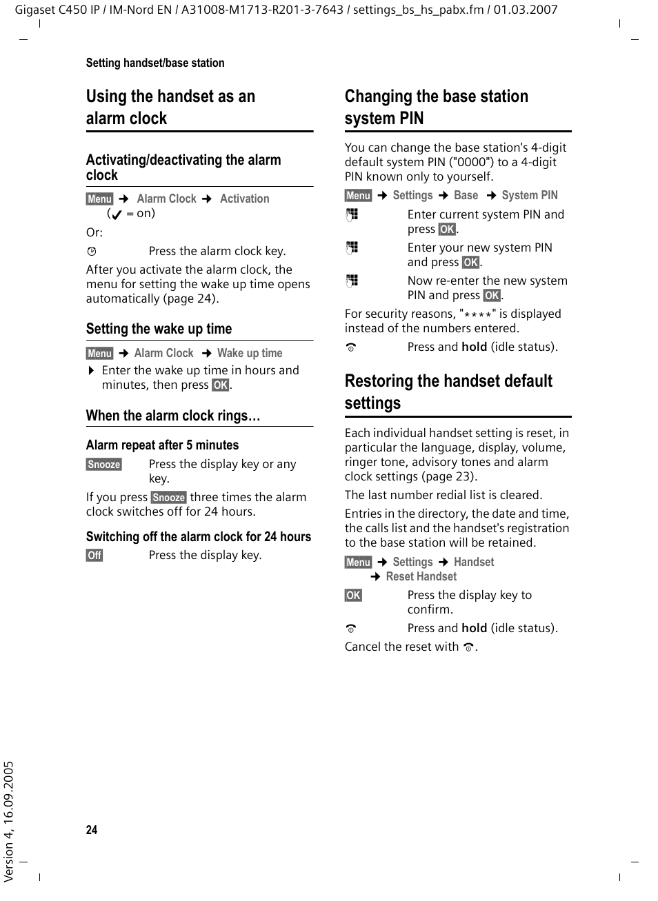 Using the handset as an alarm clock, Activating/deactivating the alarm clock, Setting the wake up time | When the alarm clock rings, Changing the base station system pin, Restoring the handset default settings | Siemens C450 IP User Manual | Page 25 / 39