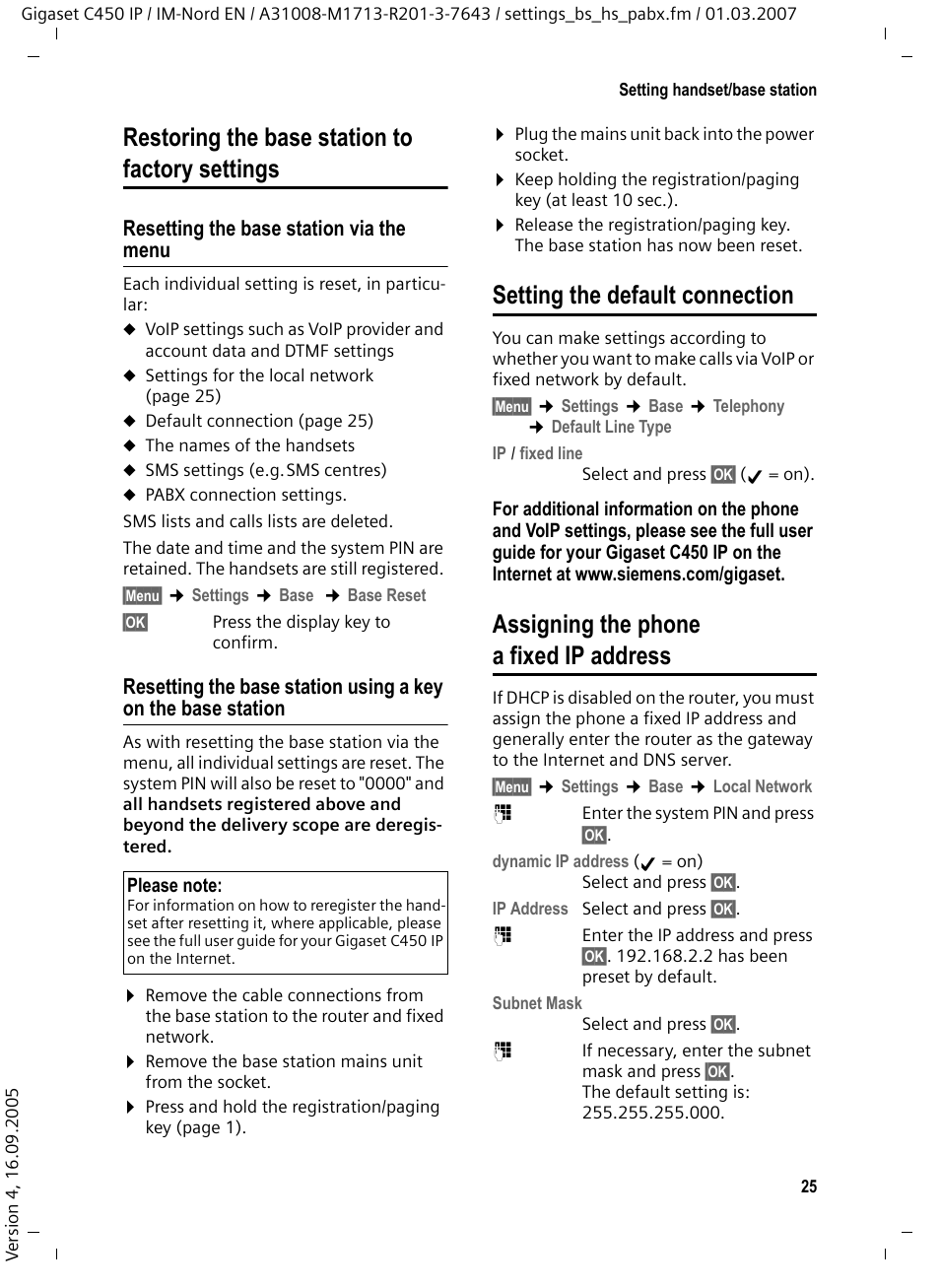 Restoring the base station to factory settings, Resetting the base station via the menu, Setting the default connection | Assigning the phone a fixed ip address, S), see | Siemens C450 IP User Manual | Page 26 / 39