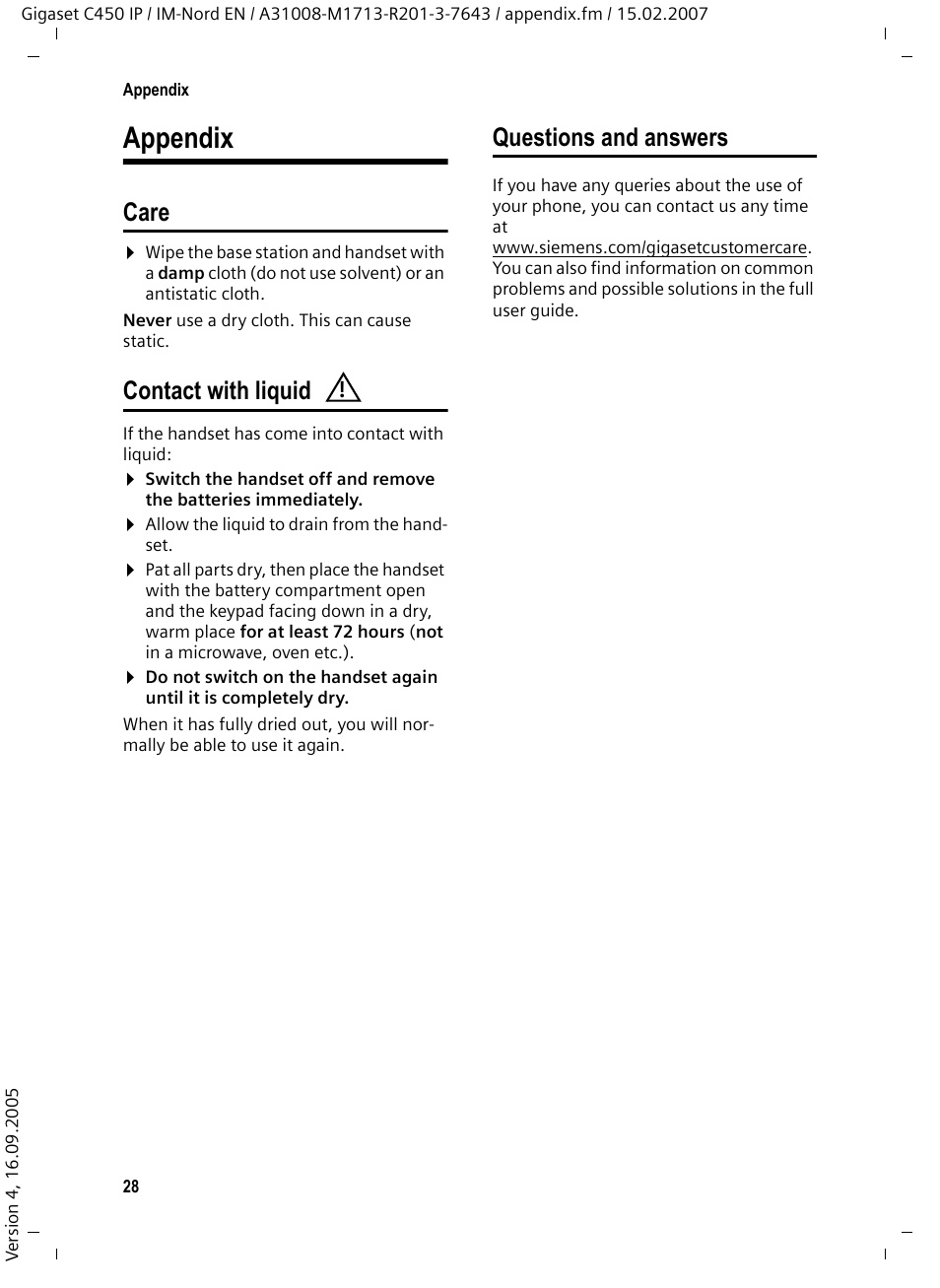 Appendix, Care, Contact with liquid | Questions and answers, Care contact with liquid questions and answers | Siemens C450 IP User Manual | Page 29 / 39