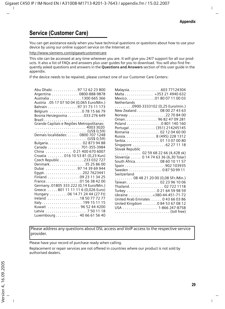 Service (customer care) | Siemens C450 IP User Manual | Page 30 / 39