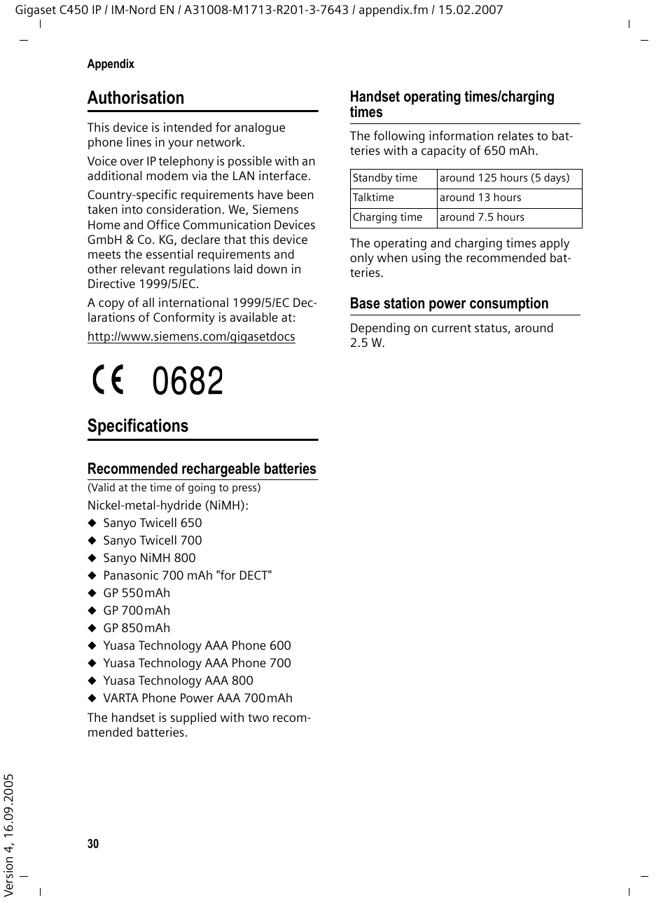 Authorisation, Specifications, Recommended rechargeable batteries | Handset operating times/charging times, Base station power consumption, Authorisation specifications | Siemens C450 IP User Manual | Page 31 / 39