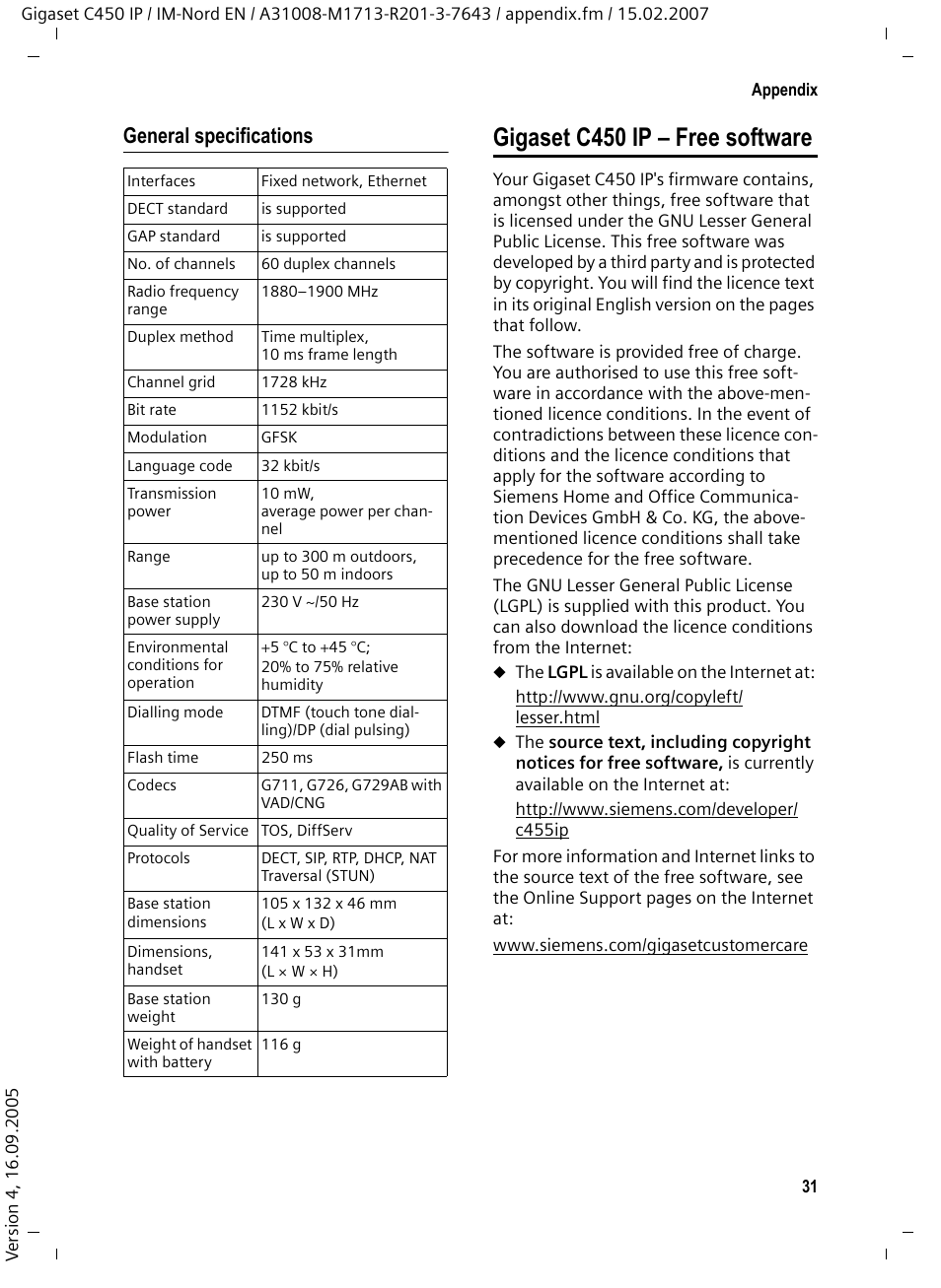 General specifications, Gigaset c450 ip - free software, Gigaset c450 ip – free software | Siemens C450 IP User Manual | Page 32 / 39