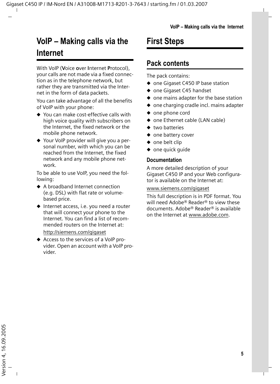 Voip - making calls via the internet, First steps, Pack contents | Voip – making calls via the internet first steps, Voip – making calls via the internet | Siemens C450 IP User Manual | Page 6 / 39