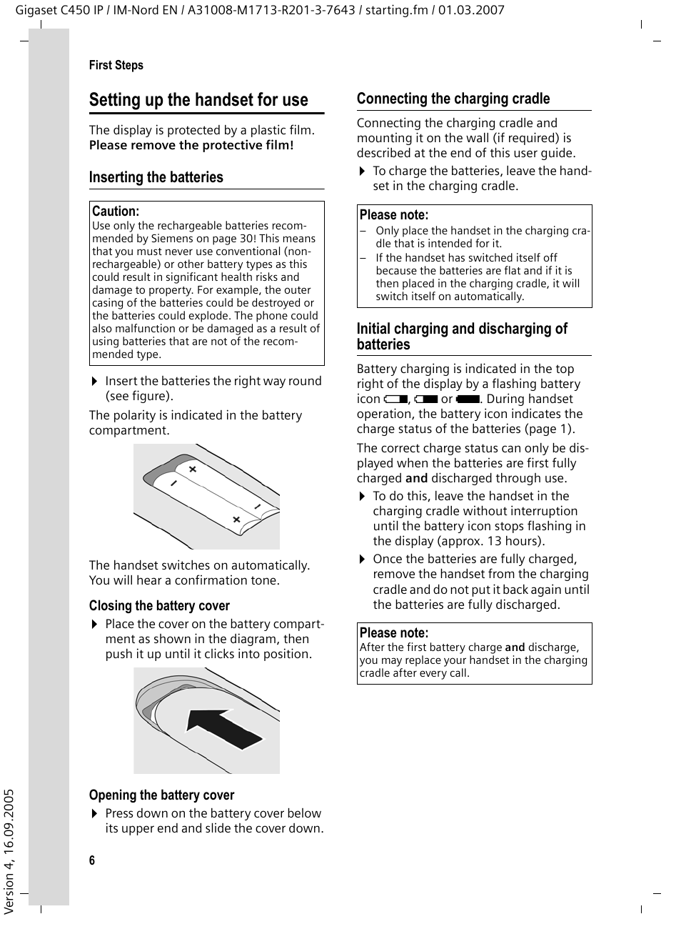 Setting up the handset for use, Inserting the batteries, Connecting the charging cradle | Initial charging and discharging of batteries | Siemens C450 IP User Manual | Page 7 / 39