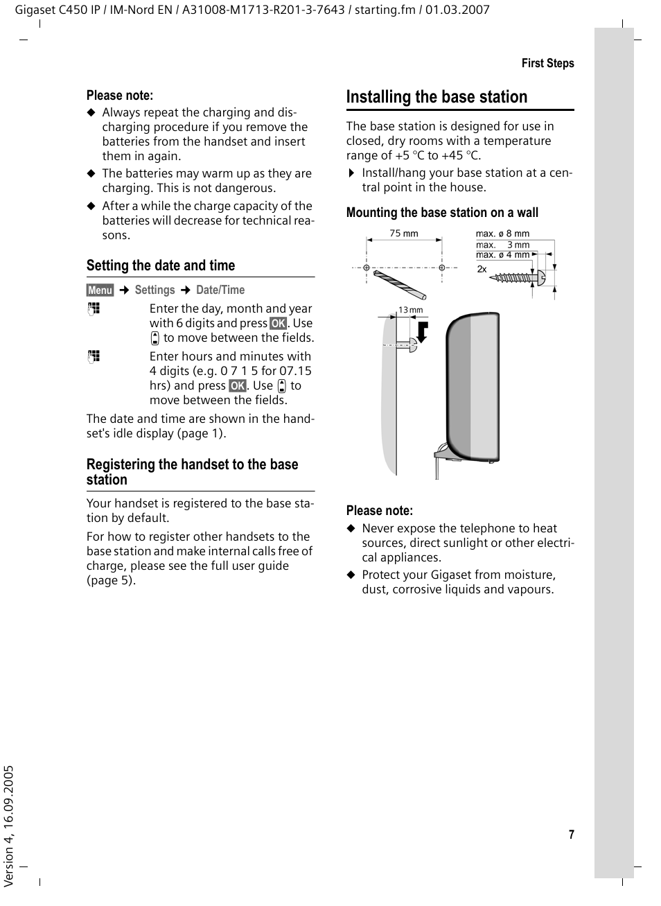 Setting the date and time, Registering the handset to the base station, Installing the base station | Siemens C450 IP User Manual | Page 8 / 39