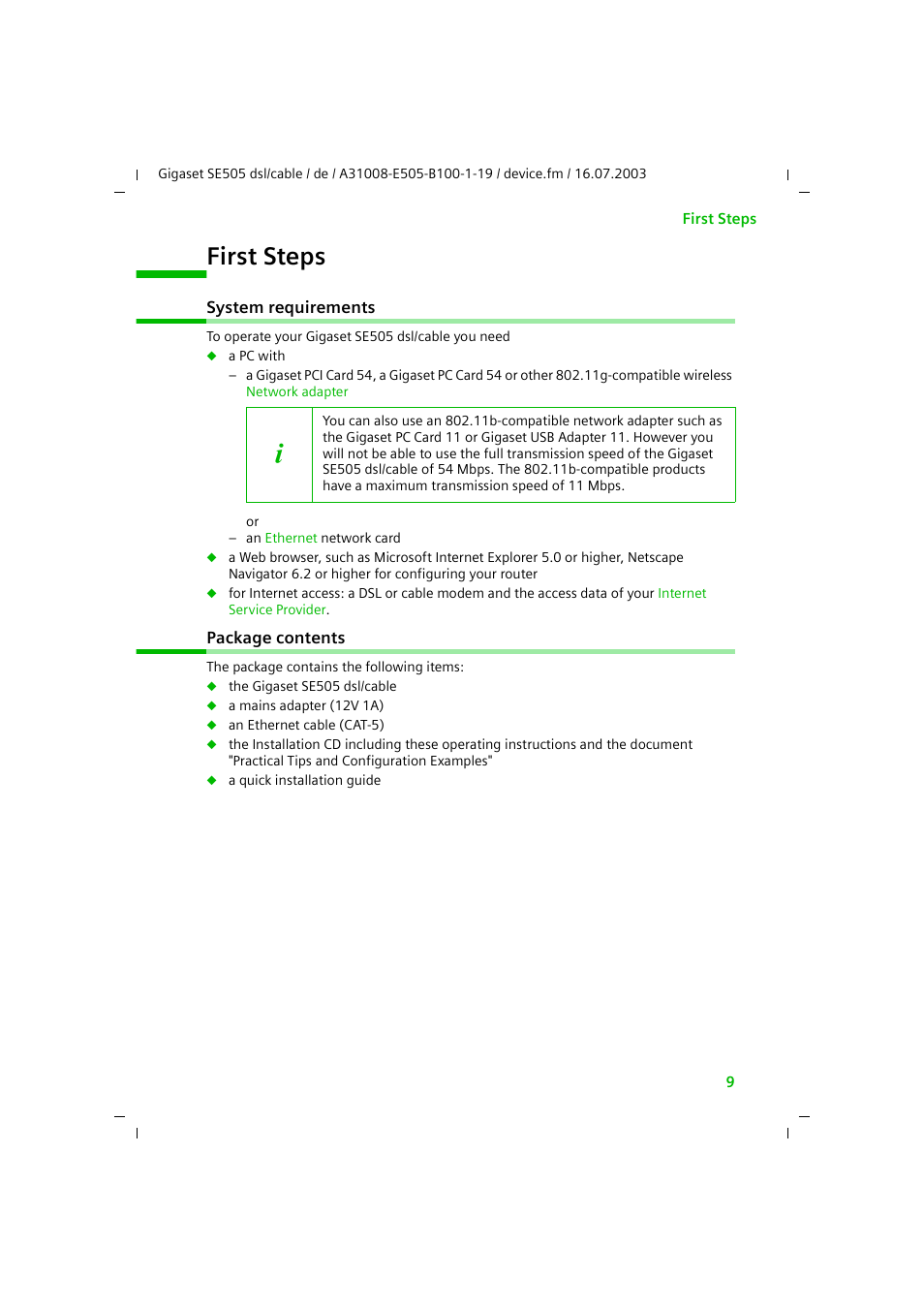 First steps, System requirements, Package contents | System requirements package contents | Siemens SE505 User Manual | Page 10 / 135