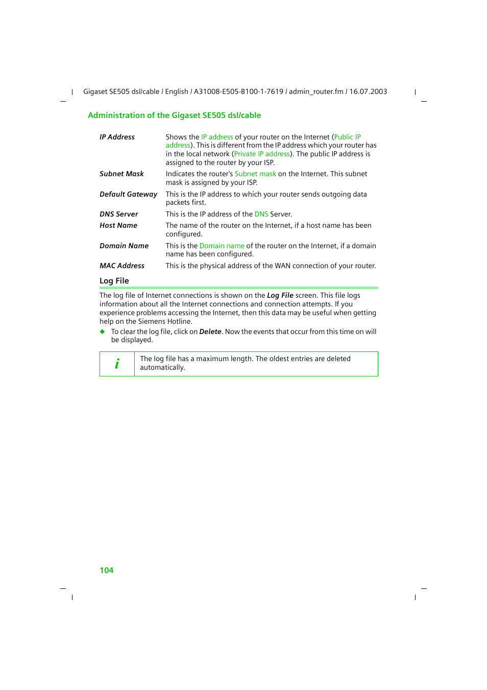 Log file | Siemens SE505 User Manual | Page 100 / 135