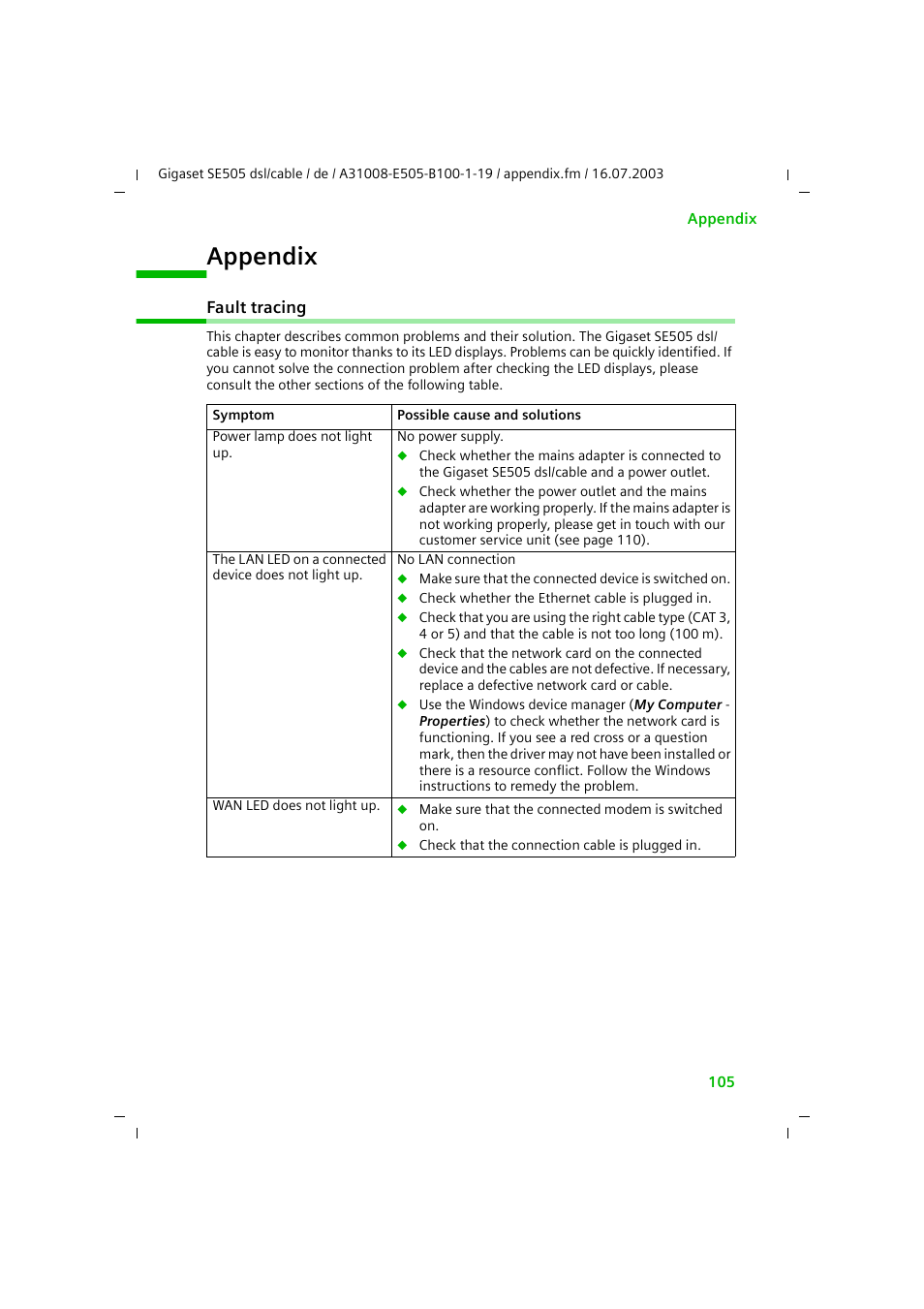 Appendix, Fault tracing, Fault tracing" on | Siemens SE505 User Manual | Page 101 / 135