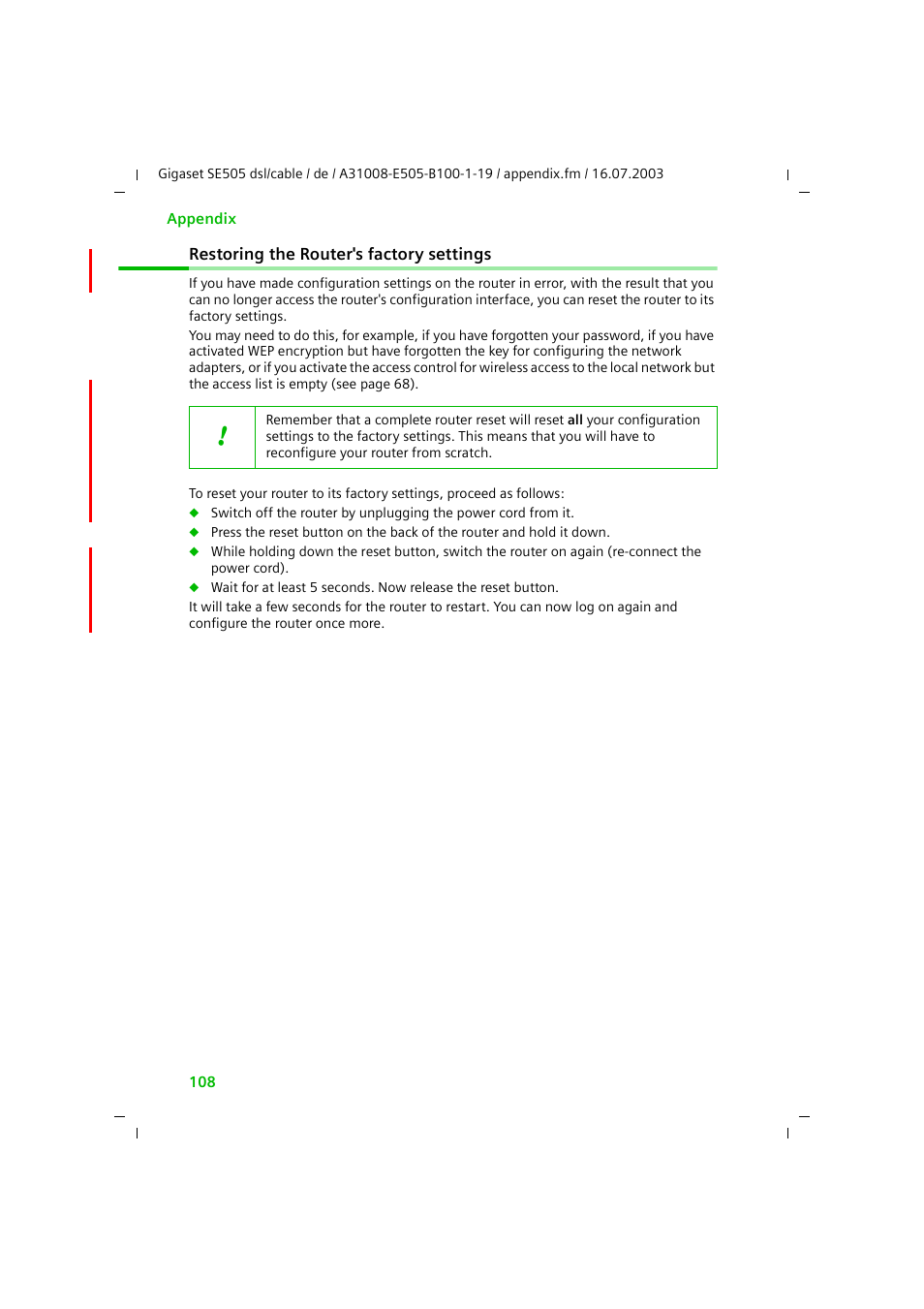 Restoring the router's factory settings | Siemens SE505 User Manual | Page 104 / 135