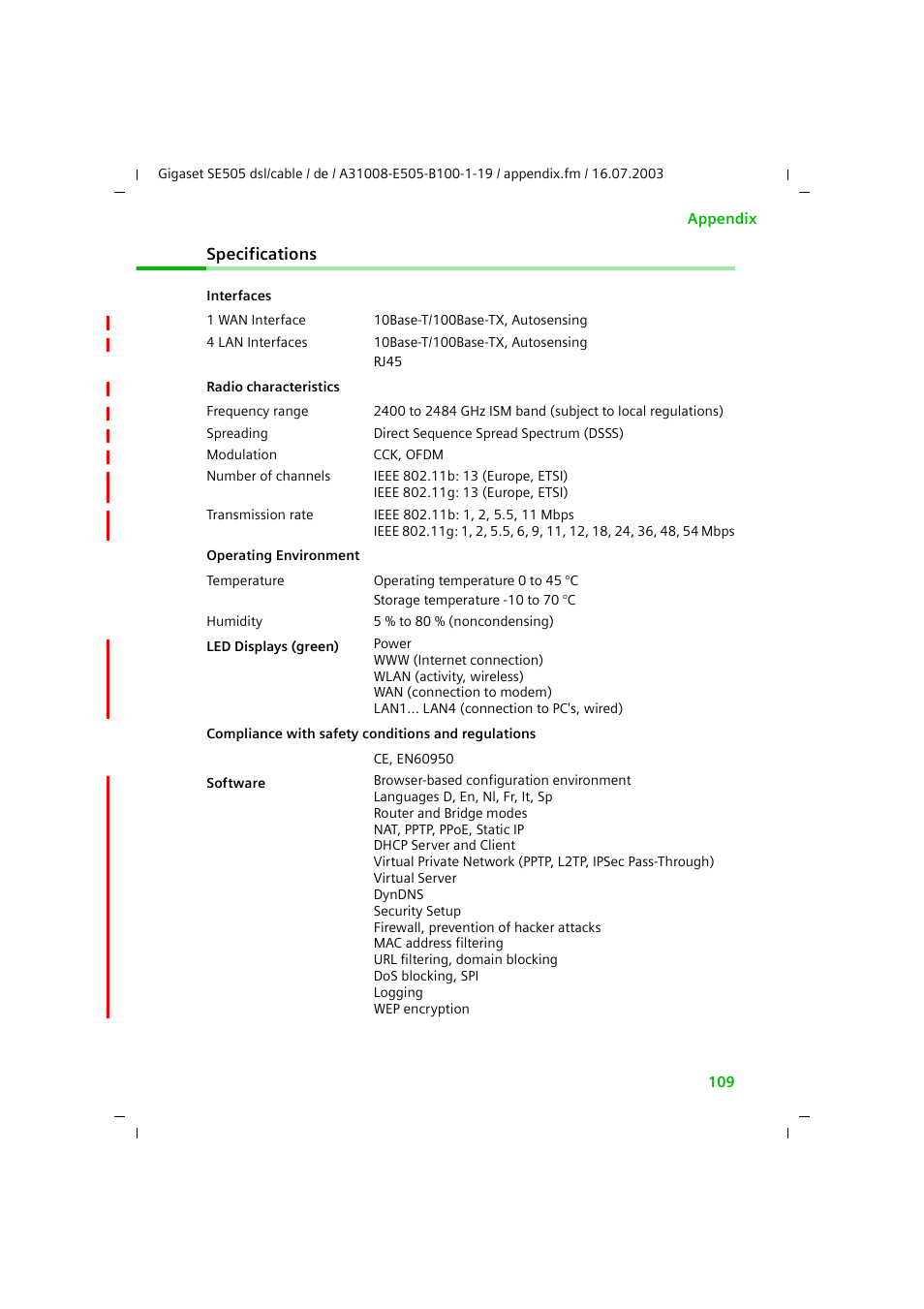 Specifications | Siemens SE505 User Manual | Page 105 / 135