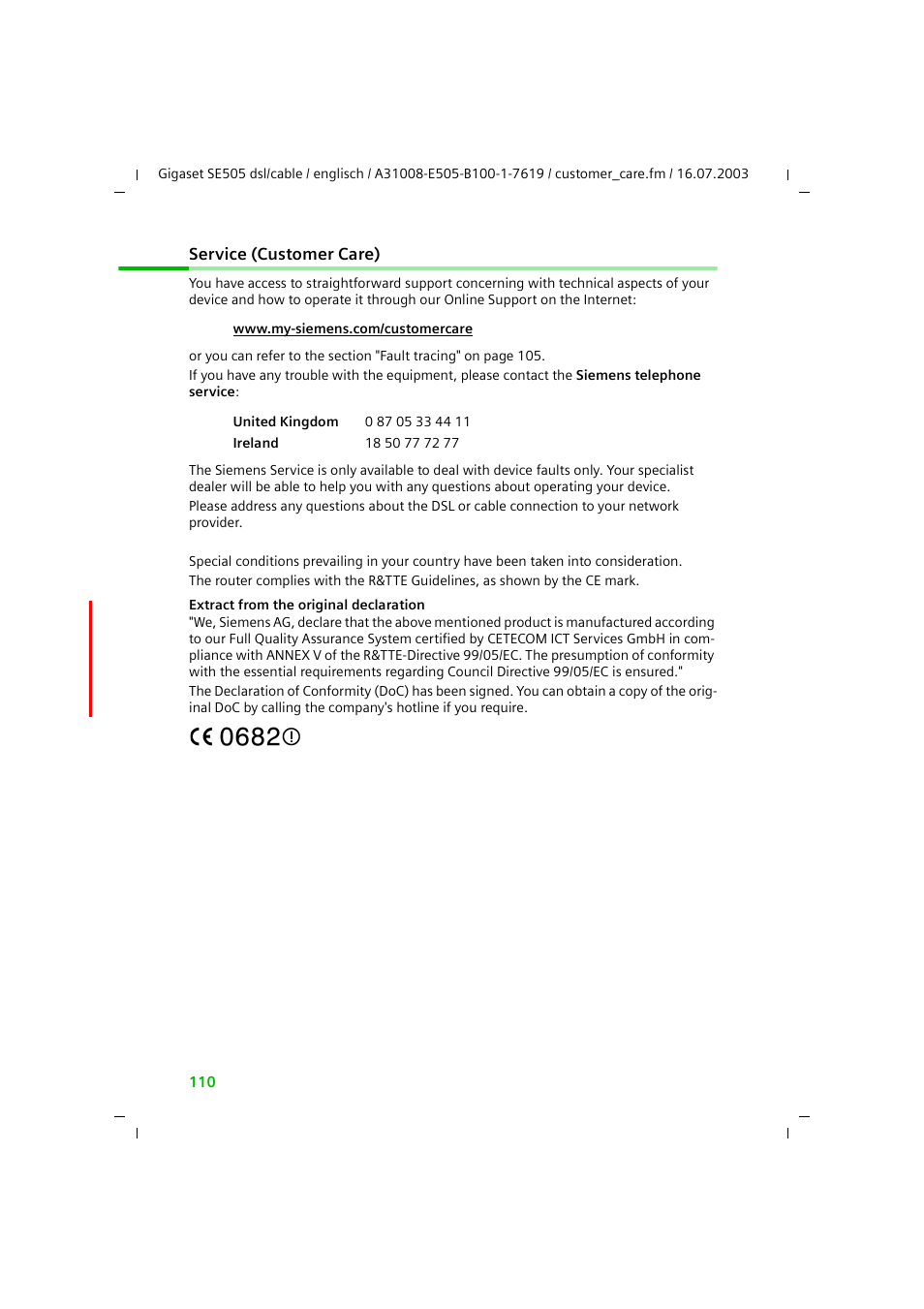 Service (customer care) | Siemens SE505 User Manual | Page 106 / 135