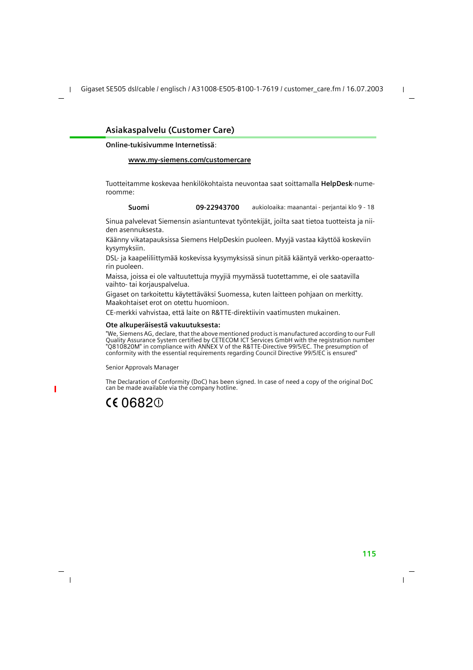 Asiakaspalvelu (customer care) | Siemens SE505 User Manual | Page 111 / 135