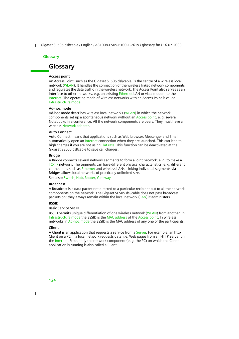 Glossary, Ad-hoc mode, Client | Bridge, Access point, Bssid, Auto connect | Siemens SE505 User Manual | Page 120 / 135