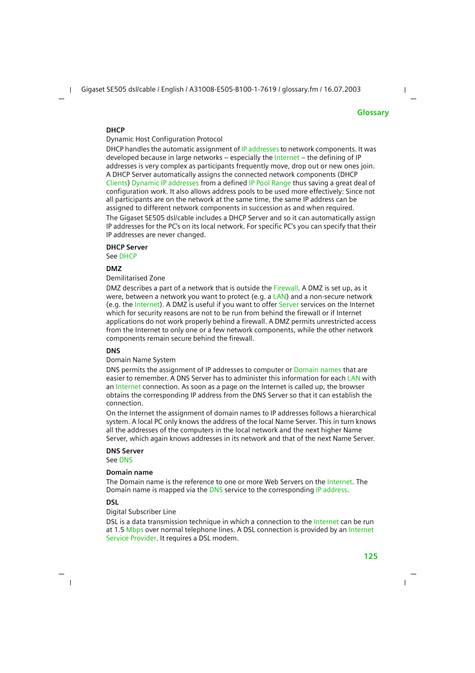 Dhcp, Modem, Mode | Dhcp server, Domain name | Siemens SE505 User Manual | Page 121 / 135