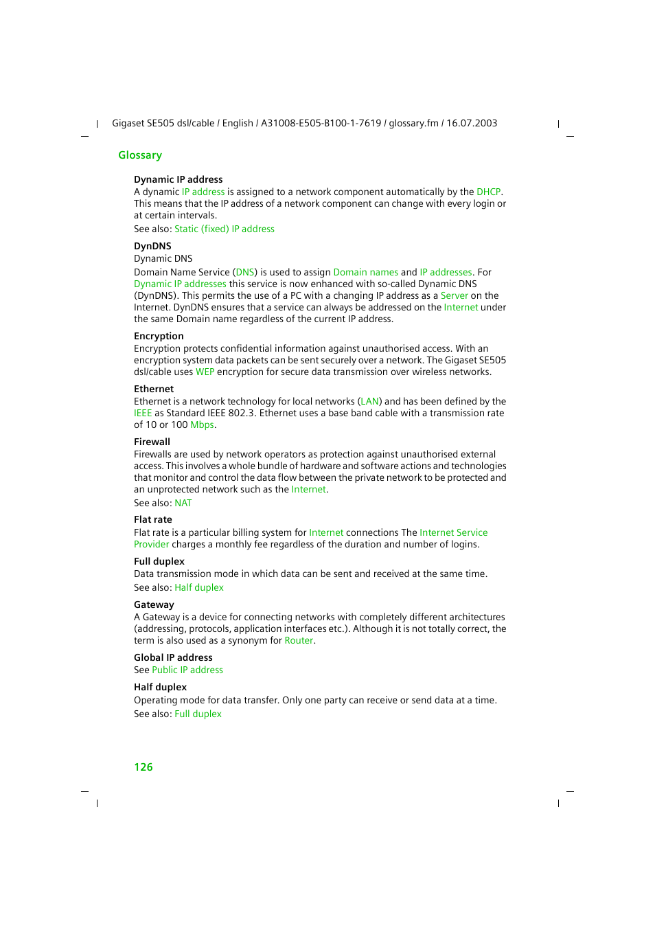 Ethernet, Firewall, Half duplex | Full duplex, Dynamic ip address, Dynamic ip, Address, Dyndns, Encryption, Flat rate | Siemens SE505 User Manual | Page 122 / 135