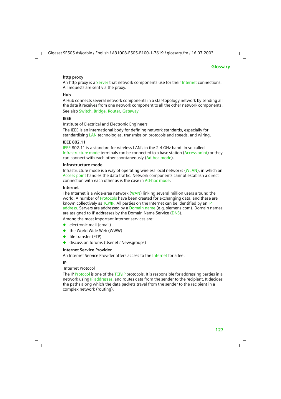Internet, Ieee 802.11g, Ieee 802.11 | Infrastructure mode, Service provider, Internet service provider | Siemens SE505 User Manual | Page 123 / 135