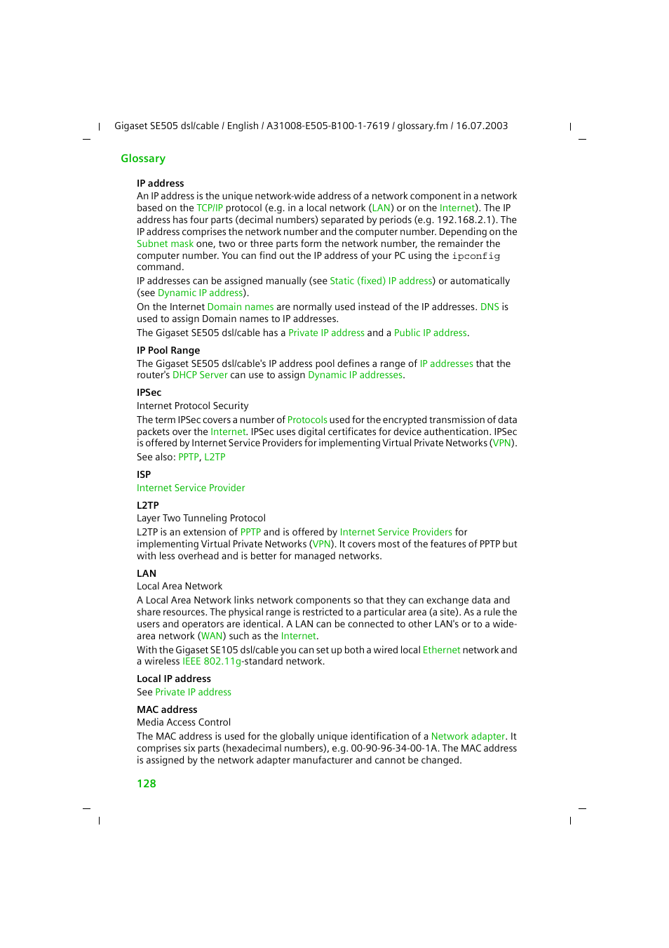 Ip address, L2tp, Ipsec | Mac address, Ip pool range, Ip addresse, Address | Siemens SE505 User Manual | Page 124 / 135