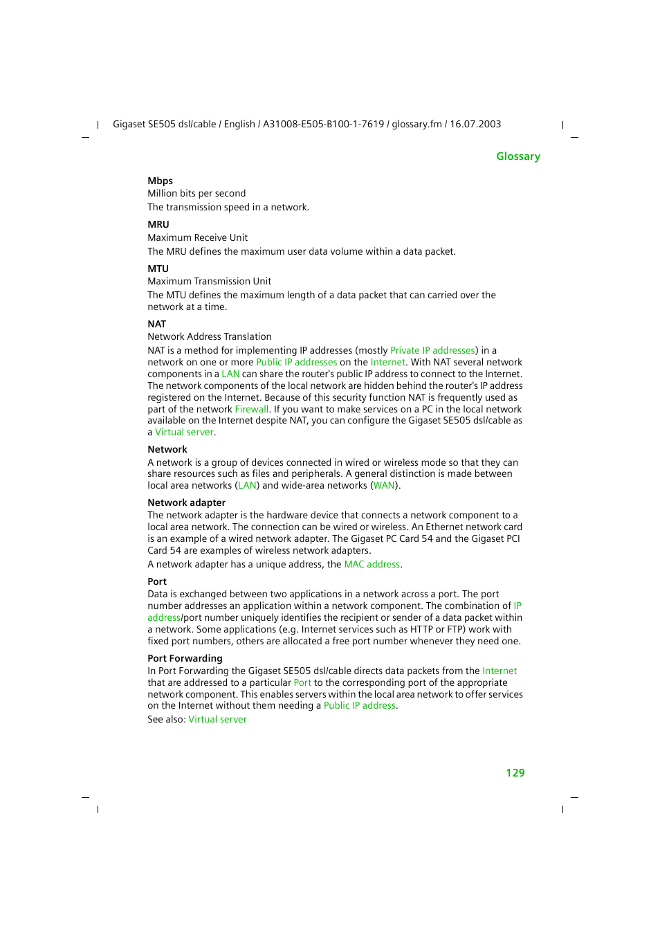 Mbps, Network adapter, Ur 10/100 | Port forwarding, Port | Siemens SE505 User Manual | Page 125 / 135