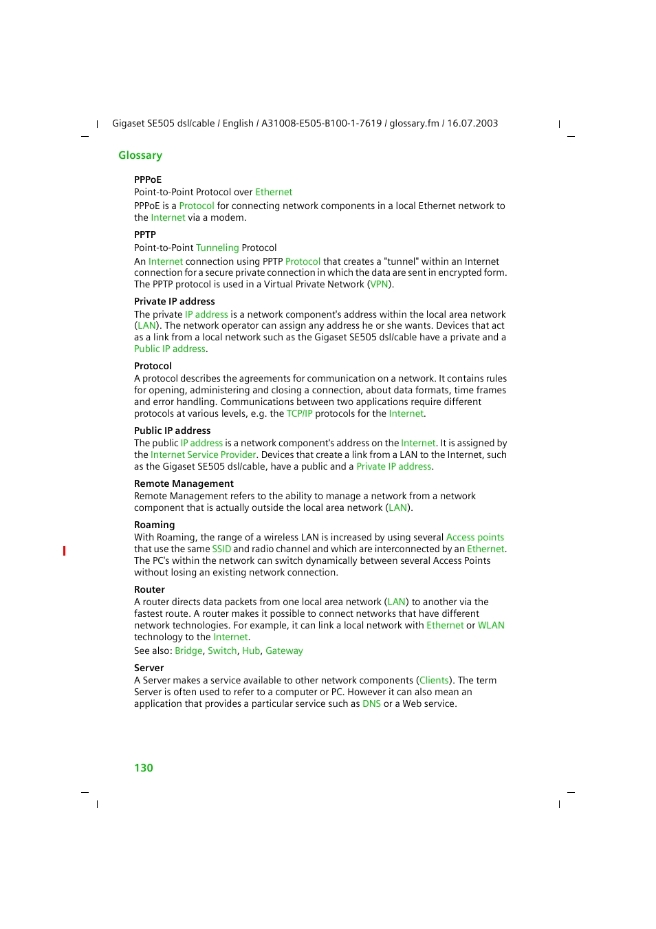 Pppoe, Protocols, Pptp | Public ip address, Protocol, Private ip address, Router, Roaming, Server, Remote management | Siemens SE505 User Manual | Page 126 / 135