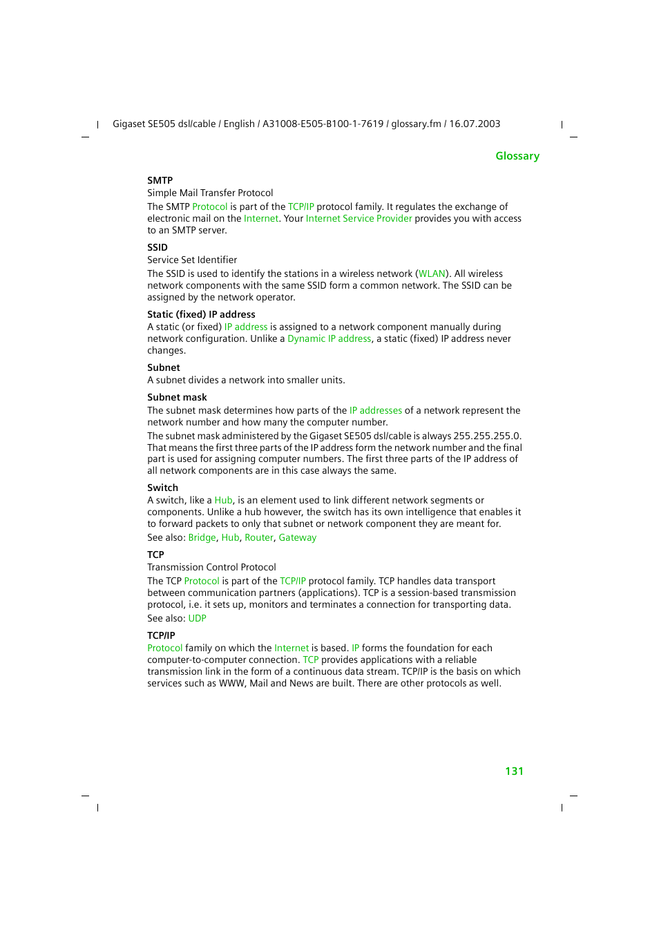 Ssid, Switch, Tcp/ip | Static (fixed) ip addresse, Static (fixed) ip address, Subnet mask | Siemens SE505 User Manual | Page 127 / 135