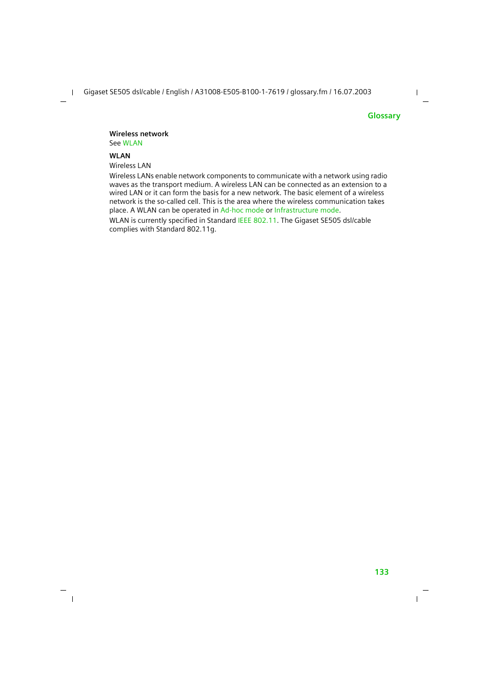 Wireless network, Wlan | Siemens SE505 User Manual | Page 129 / 135