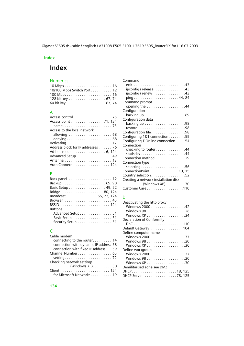 Index | Siemens SE505 User Manual | Page 130 / 135