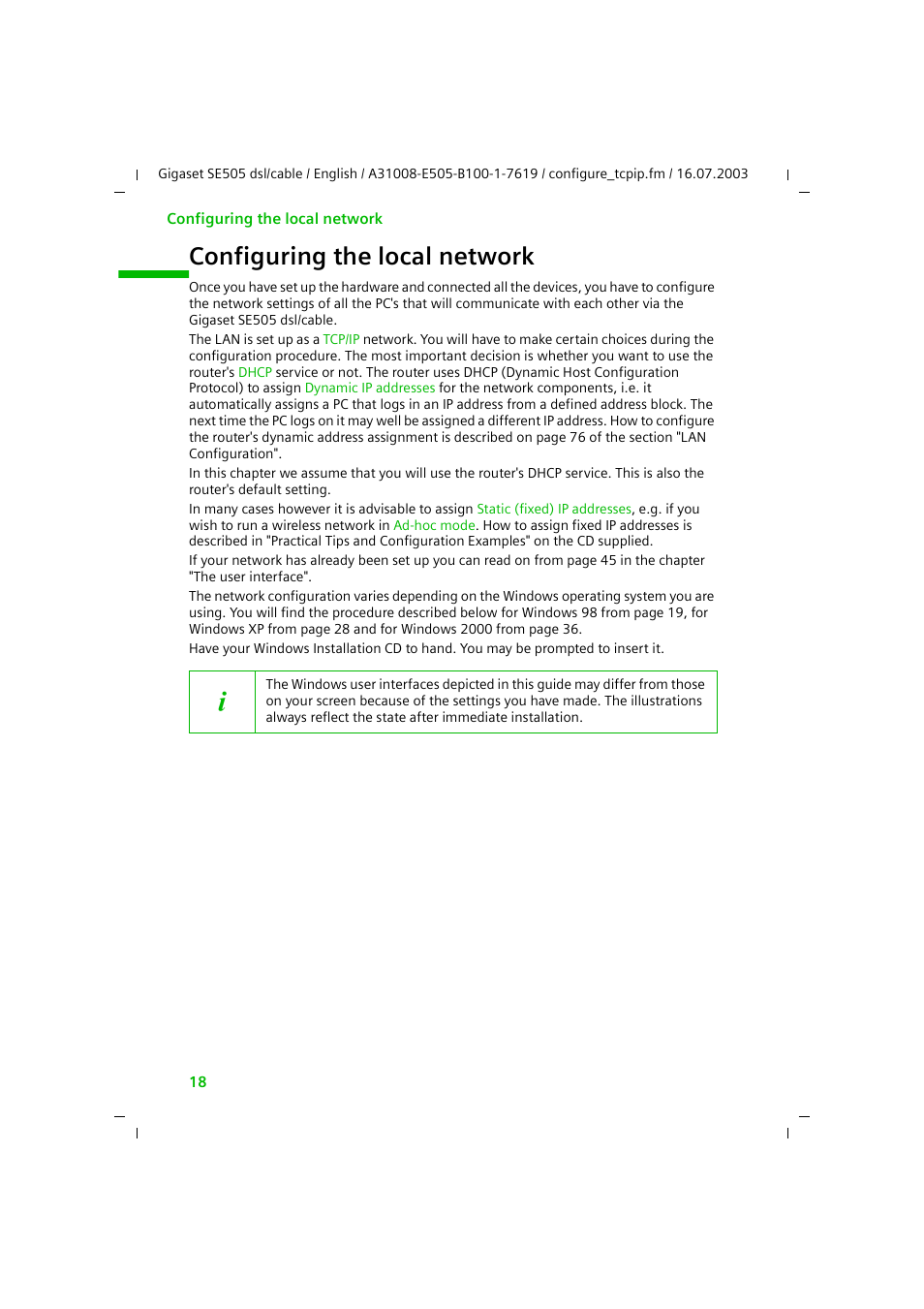 Configuring the local network | Siemens SE505 User Manual | Page 19 / 135