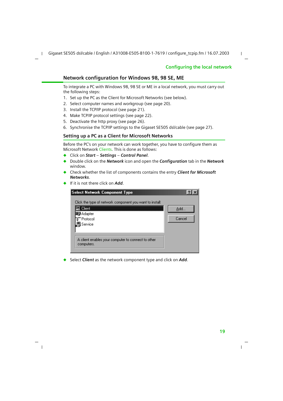 Network configuration for windows 98, 98 se, me, Setting up a pc as a client for microsoft networks | Siemens SE505 User Manual | Page 20 / 135