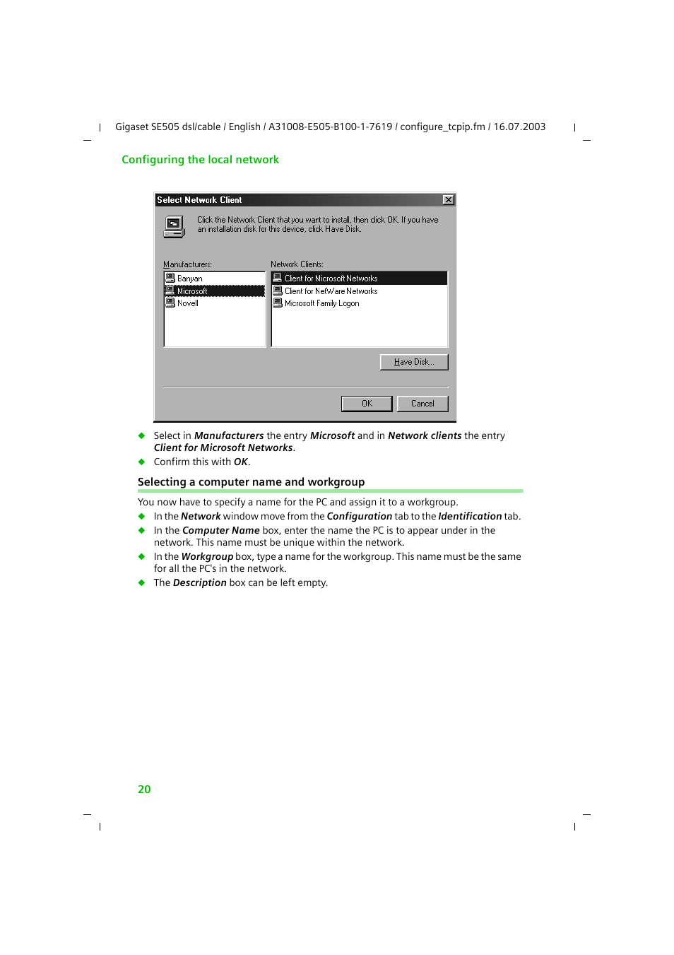 Selecting a computer name and workgroup | Siemens SE505 User Manual | Page 21 / 135