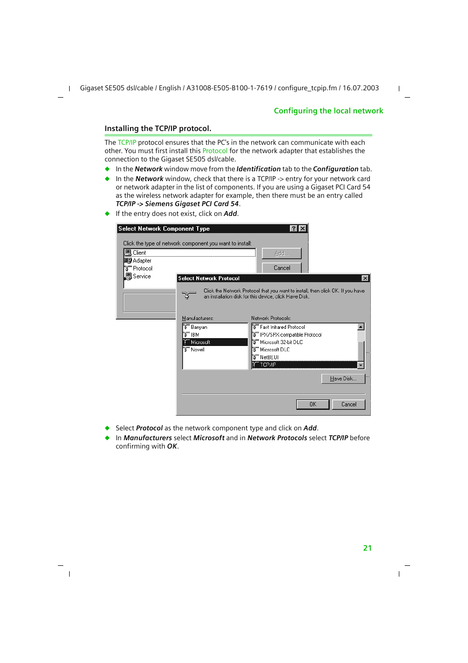 Installing the tcp/ip protocol | Siemens SE505 User Manual | Page 22 / 135