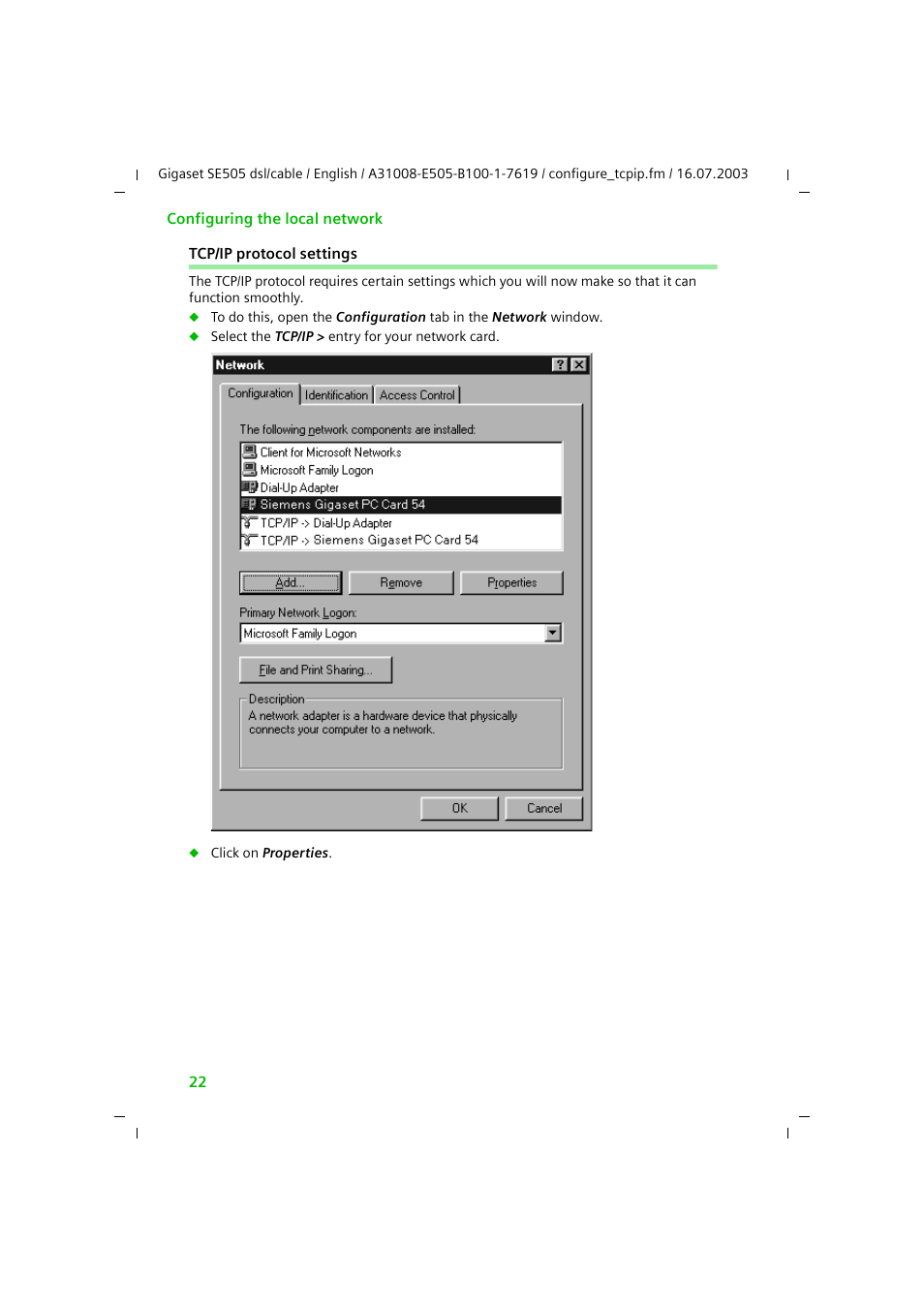 Tcp/ip protocol settings | Siemens SE505 User Manual | Page 23 / 135