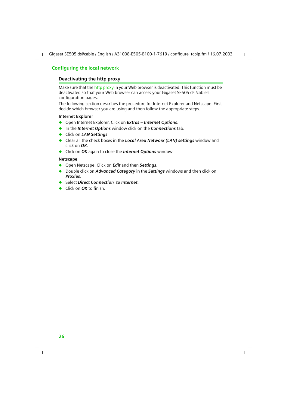 Deactivating the http proxy | Siemens SE505 User Manual | Page 27 / 135