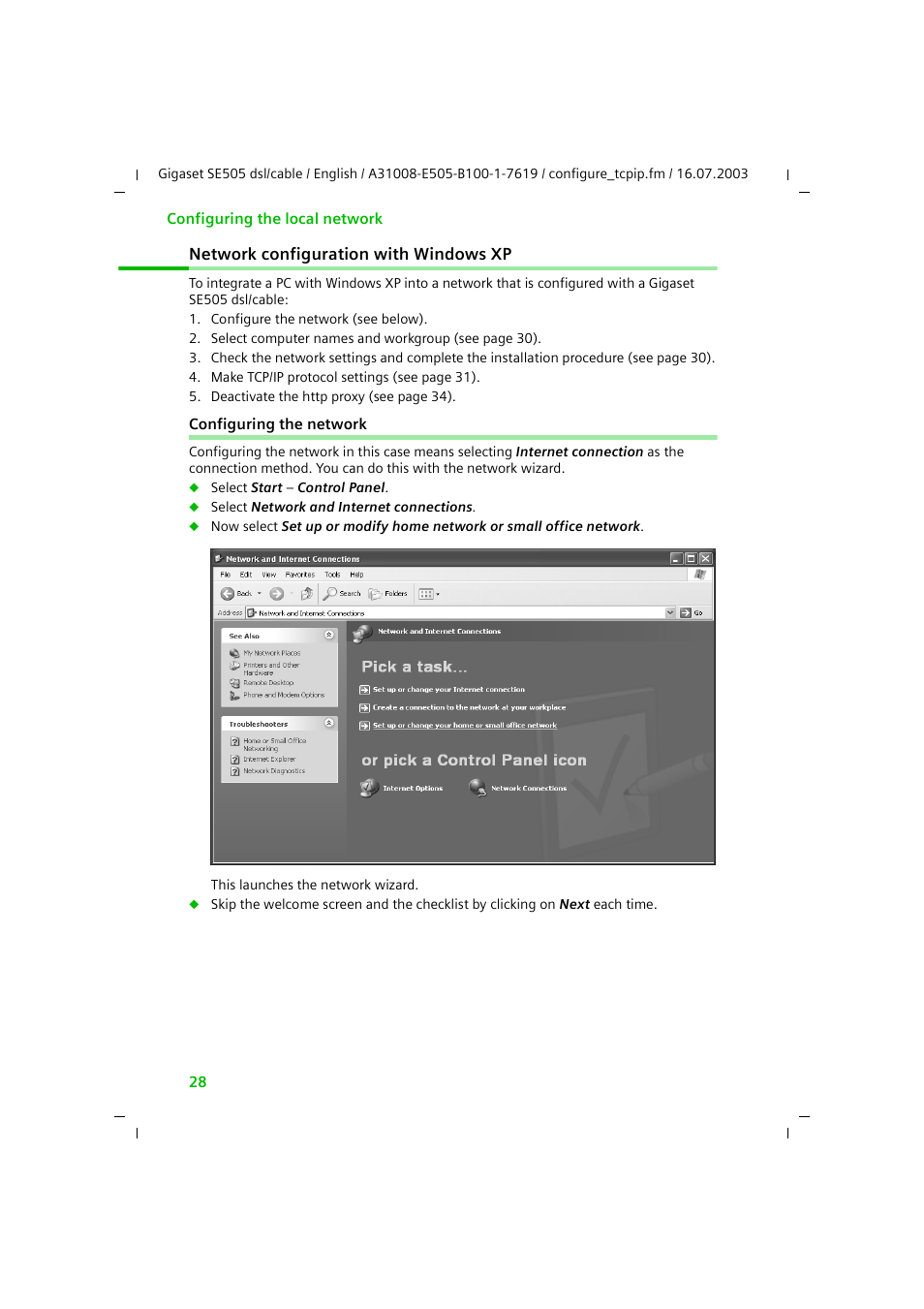 Network configuration with windows xp, Configuring the network | Siemens SE505 User Manual | Page 29 / 135