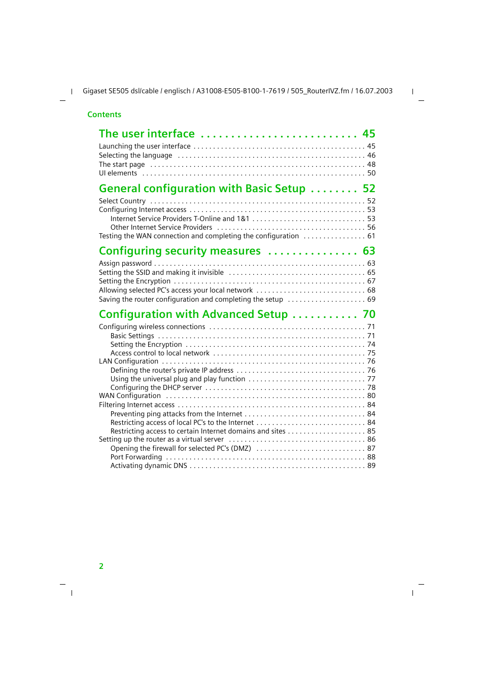 The user interface, General configuration with basic setup, Configuring security measures | Configuration with advanced setup | Siemens SE505 User Manual | Page 3 / 135