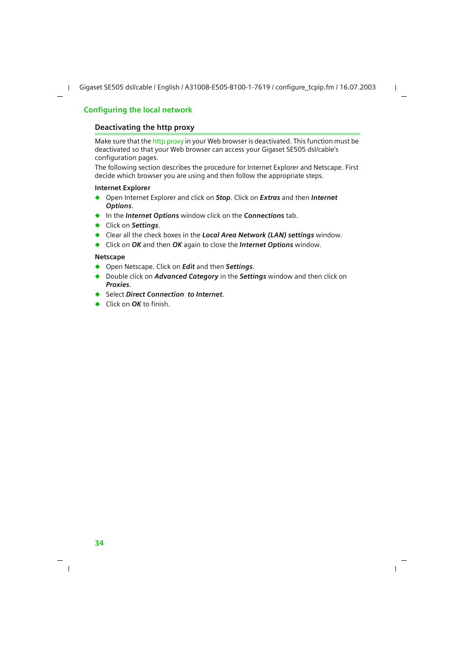 Deactivating the http proxy | Siemens SE505 User Manual | Page 35 / 135