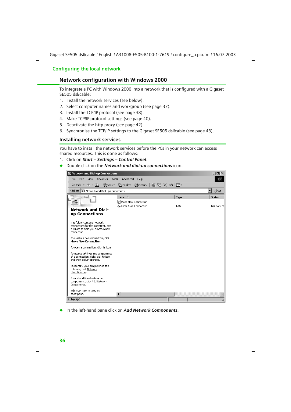 Network configuration with windows 2000, Installing network services | Siemens SE505 User Manual | Page 37 / 135