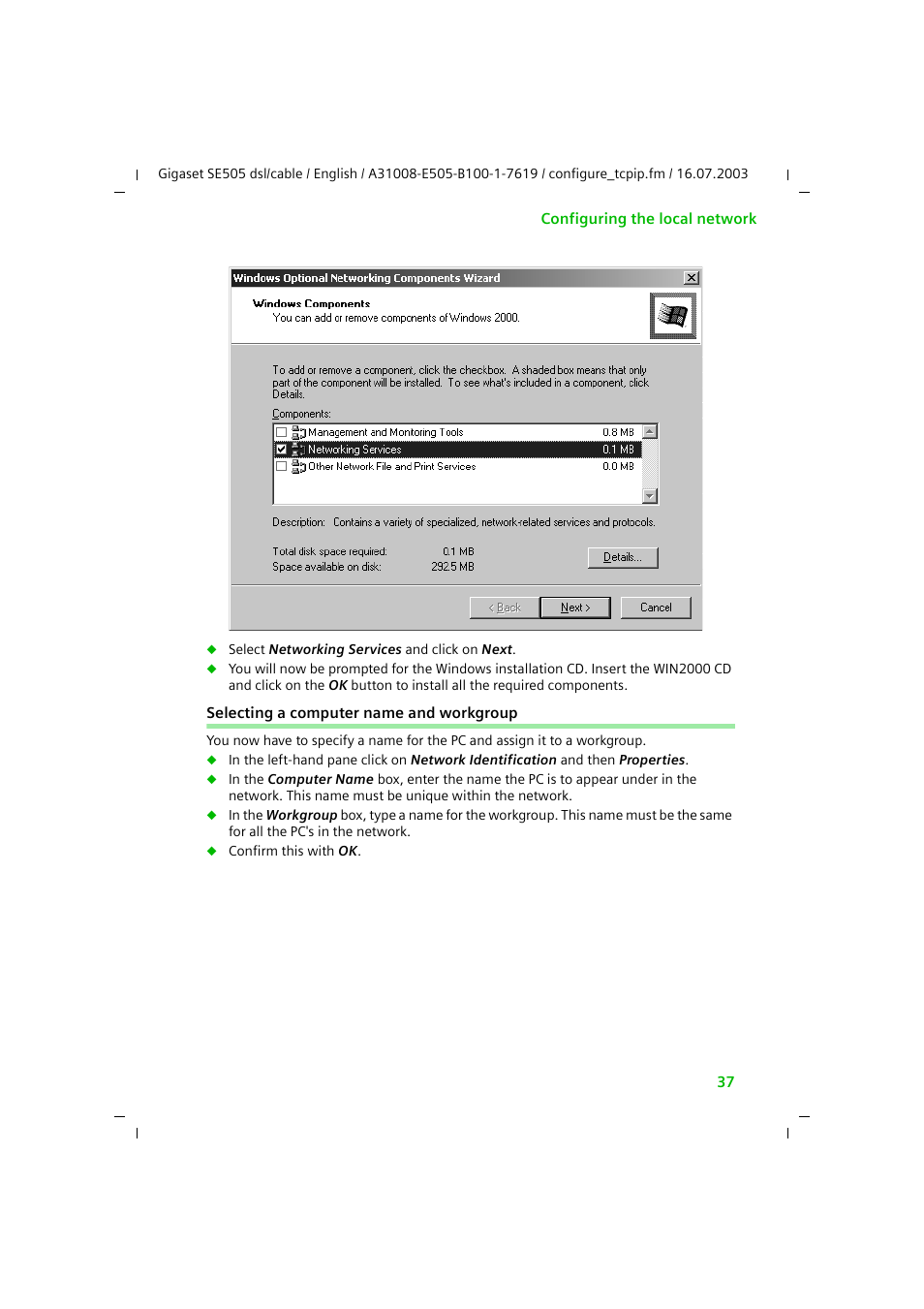 Selecting a computer name and workgroup | Siemens SE505 User Manual | Page 38 / 135