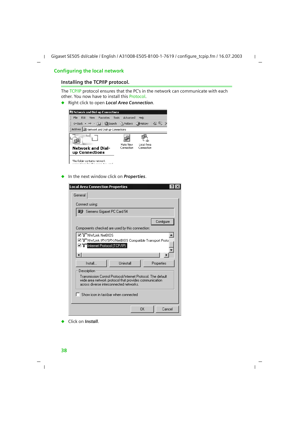 Installing the tcp/ip protocol | Siemens SE505 User Manual | Page 39 / 135