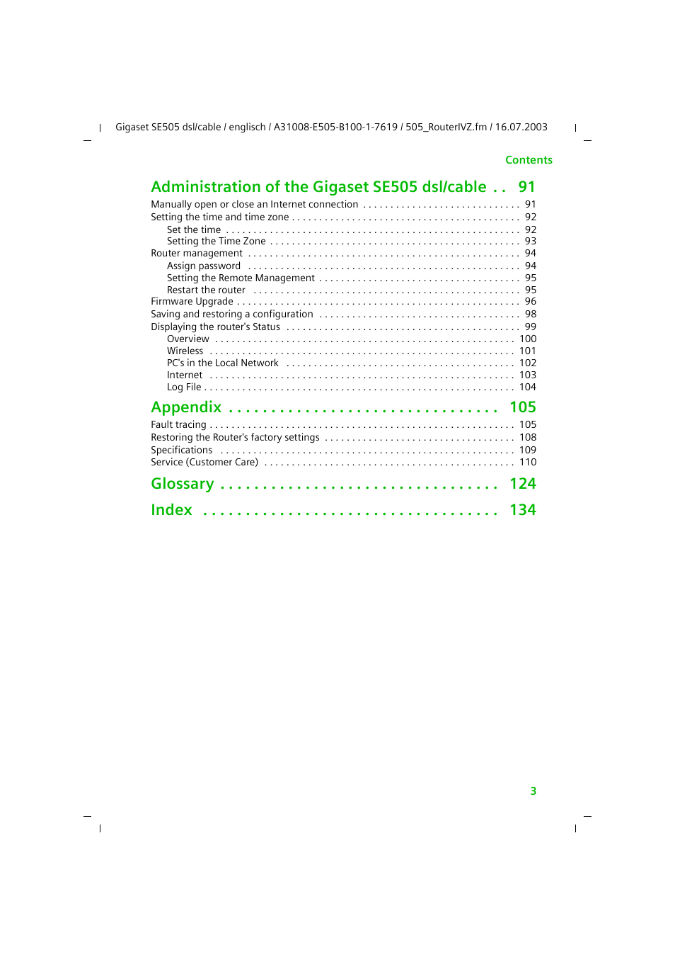 Administration of the gigaset se505 dsl/cable, Appendix, Glossary index | Siemens SE505 User Manual | Page 4 / 135