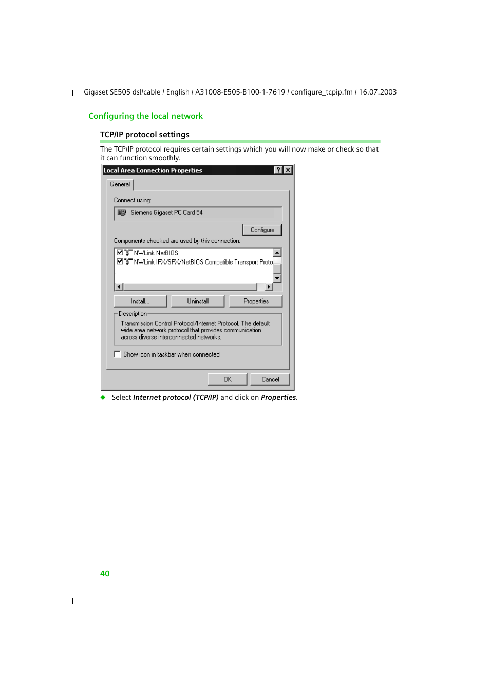 Tcp/ip protocol settings | Siemens SE505 User Manual | Page 41 / 135