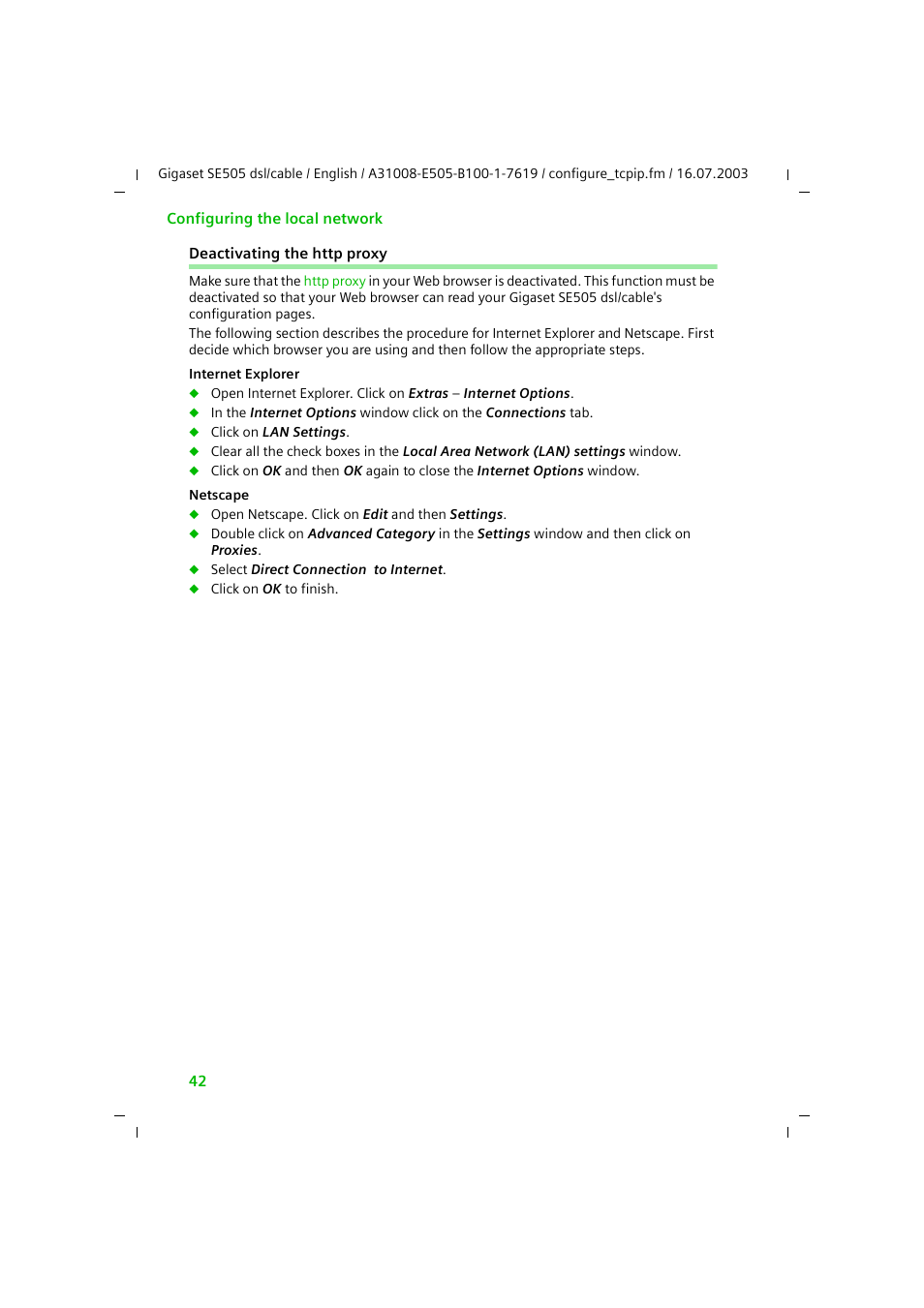 Deactivating the http proxy | Siemens SE505 User Manual | Page 43 / 135