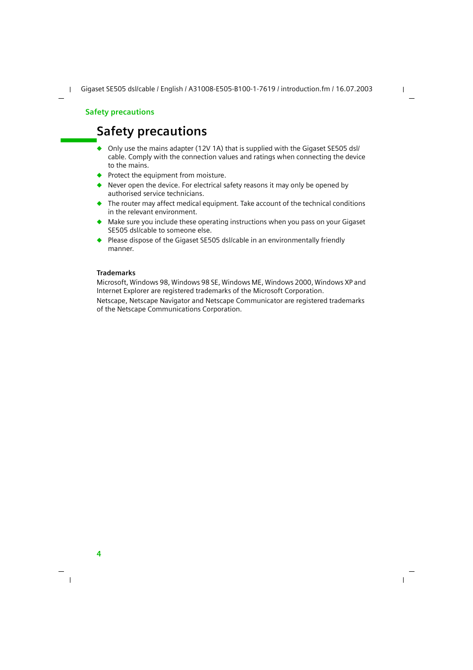 Safety precautions | Siemens SE505 User Manual | Page 5 / 135