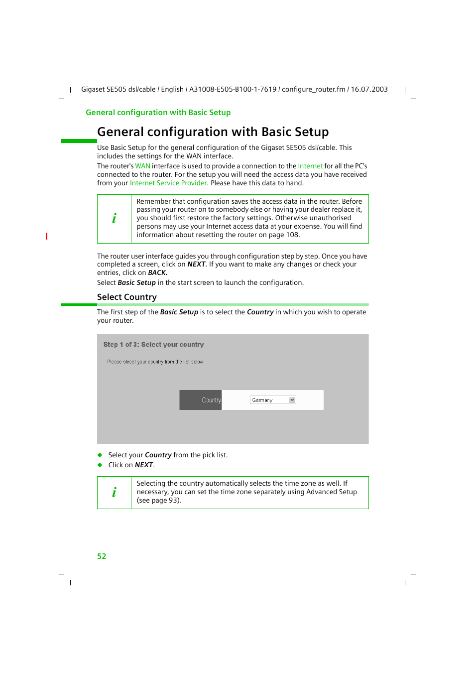 General configuration with basic setup, Select country | Siemens SE505 User Manual | Page 53 / 135