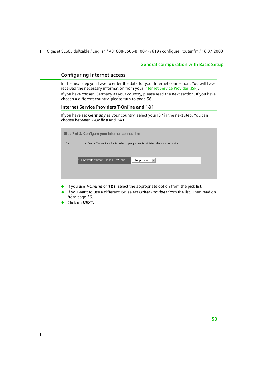 Configuring internet access, Internet service providers t-online and 1&1 | Siemens SE505 User Manual | Page 54 / 135