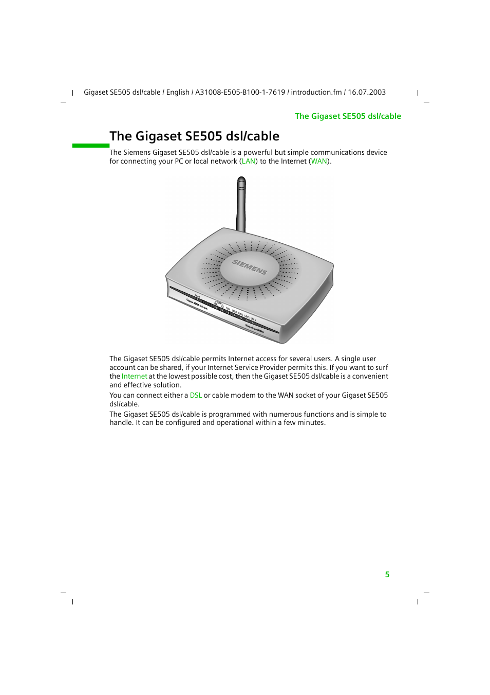 The gigaset se505 dsl/cable | Siemens SE505 User Manual | Page 6 / 135