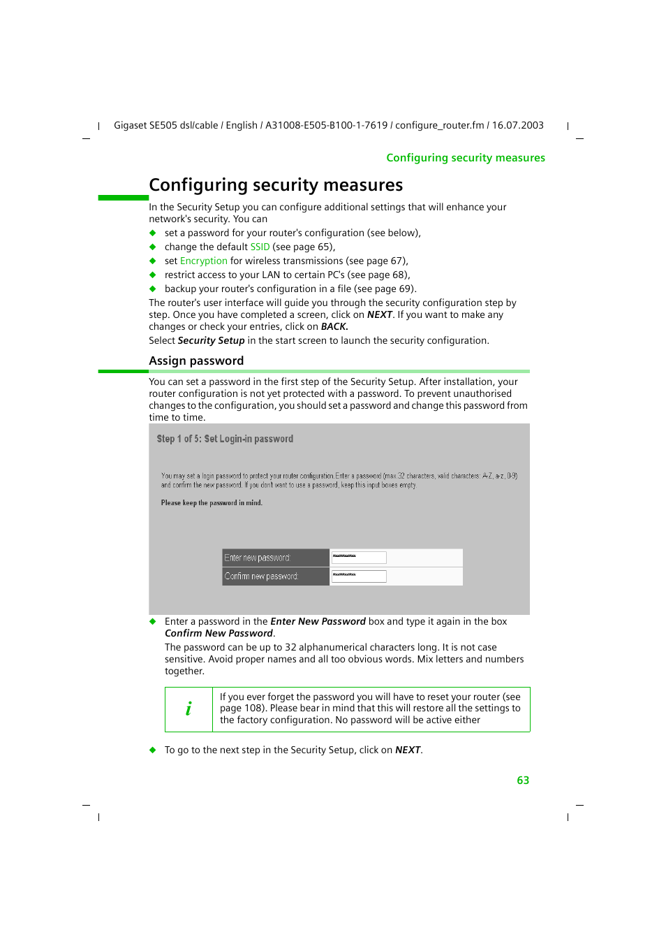 Configuring security measures, Assign password | Siemens SE505 User Manual | Page 64 / 135