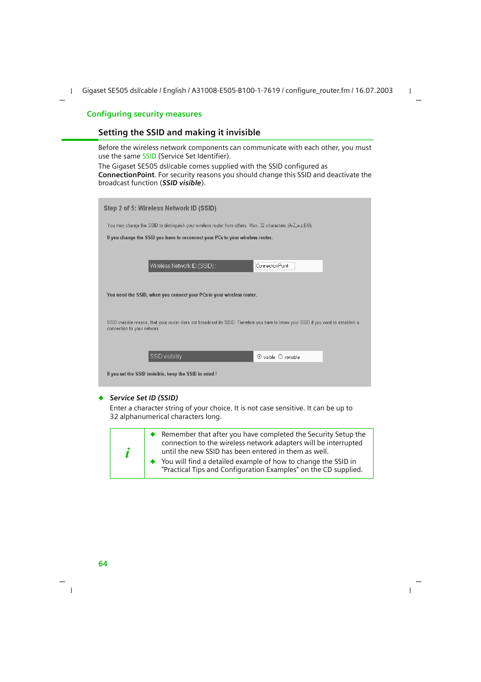 Setting the ssid and making it invisible | Siemens SE505 User Manual | Page 65 / 135