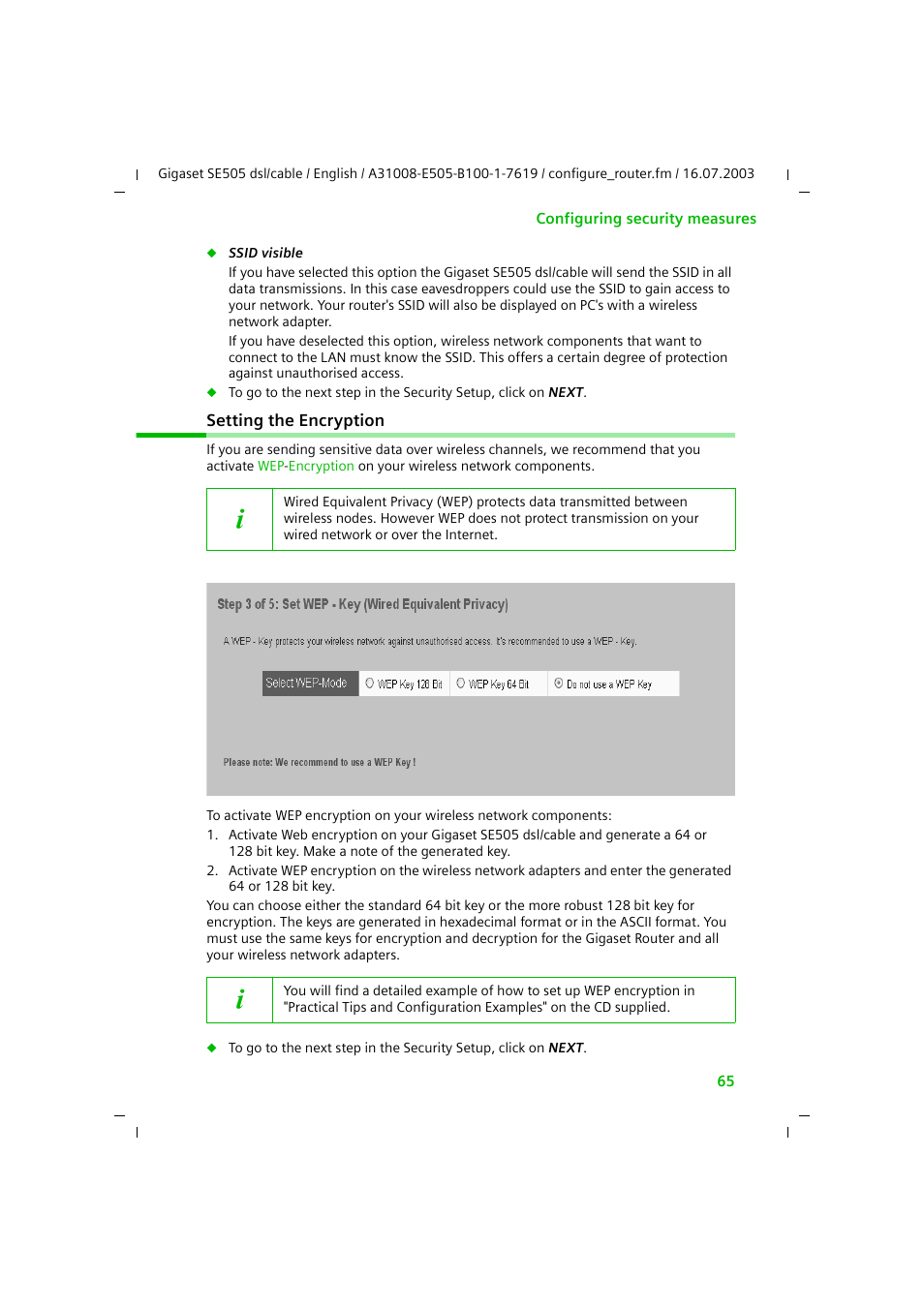 Setting the encryption | Siemens SE505 User Manual | Page 66 / 135