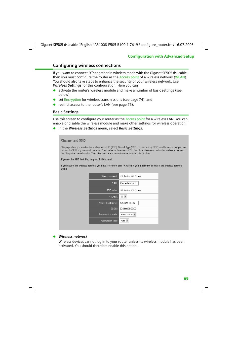 Configuring wireless connections, Basic settings | Siemens SE505 User Manual | Page 70 / 135